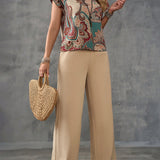 EMERY ROSE Conjunto de camisa de mujer con estampado de cachemira y pantalones de unicolor