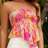 VCAY Blusa holgada estilo envolvente con estampado floral blanco y rosa/amarillo para mujer de vacaciones