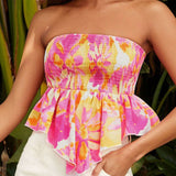 VCAY Blusa holgada estilo envolvente con estampado floral blanco y rosa/amarillo para mujer de vacaciones