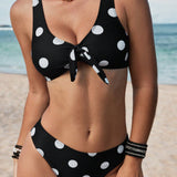 Swim Conjunto de bikini sexy para mujeres con estampado de lunares y lazo delantero para vacaciones en la playa
