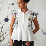 Frida Kahlo    Designer KATHARSIS Blusa con vuelo y estampado floral y de personajes para mujer con ribete de volantes en las sisas y lazo para el verano