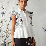 Frida Kahlo    Designer KATHARSIS Blusa con vuelo y estampado floral y de personajes para mujer con ribete de volantes en las sisas y lazo para el verano