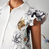 Frida Kahlo    Designer KATHARSIS Blusa con vuelo y estampado floral y de personajes para mujer con ribete de volantes en las sisas y lazo para el verano