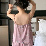 DAZY Conjunto de pijama para mujer con camiConjuntoa de espagueti y pantalones cortos con estampado de plantas y ribete de encaje