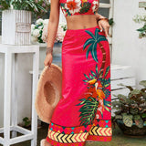 VCAY Conjunto de top de camisola corto y falda con estampado tropical para mujer, conjunto de vacaciones de verano de 2 piezas