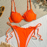 Swim Conjunto de bikini de dos piezas para mujer con parte superior solida con ribete de volantes y Bottom con lazo en los lados