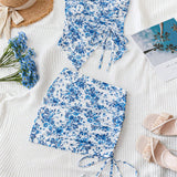 WYWH Conjunto de top corto sin tirantes y falda ajustada con estampado floral de rosas en azul y blanco, con fruncido y cordon ajustable, atuendo casual romantico para mujeres en vacaciones