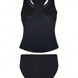 Swim Vcay Conjunto de bikini tankini de cuello redondo con fruncido en el vientre y control de abdomen para la playa en verano