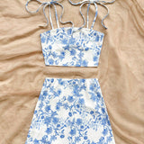 WYWH Conjunto de falda con tiras de textura tejida con estampado de flores blanco y azul para mujeres, estilo vacacional romantico e informal