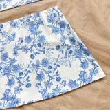 WYWH Conjunto de falda con tiras de textura tejida con estampado de flores blanco y azul para mujeres, estilo vacacional romantico e informal