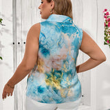 Camisa sin mangas de a grande para mujer con estampado de marmol de verano, pliegues y dobladillo asimetrico