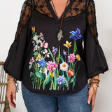 Blusa informal de a grande con encaje empalmado, estampado de flores, cuello de muesca, mangas de linterna y cuello en V