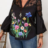 Blusa informal de a grande con encaje empalmado, estampado de flores, cuello de muesca, mangas de linterna y cuello en V