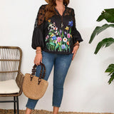 Blusa informal de a grande con encaje empalmado, estampado de flores, cuello de muesca, mangas de linterna y cuello en V