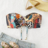 Swim Vcay Bikini Bandeau hueco de verano para mujer con estampado de leopardo aleatorio para playa