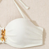 Swim Top de bikini de cuello halter con ribete de volantes y estampado de cadena para mujeres, ideal para vacaciones de verano en la playa
