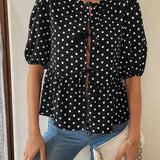 Essnce Blusa corta informal tejida con mangas cortas abullonadas para mujer 2024, blusa corta negra y blanca con lunares redondos en el cuello y botones frontales, coleccion de ropa de calle, primavera/verano