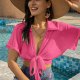 VCAY Blusa corta envolvente de manga murcielago de unicolor para mujer y cubierta kimono para la playa/piscina de vacaciones