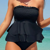 Swim Mod Conjunto de traje de bano femenino con volantes de estilo halter y un solo color ideal para vacaciones en la playa