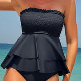Swim Mod Conjunto de traje de bano femenino con volantes de estilo halter y un solo color ideal para vacaciones en la playa