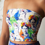 Frida Kahlo X  Top de tubo de corse ajustado y recortado para mujer con diseno de letra e impresion de personaje y diseno de Brasier Brasier sin tirantes para el verano