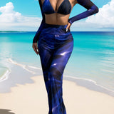 Swim Conjunto de bikini sexy para mujer con estampado de tie dye y cuello halter para vacaciones en la playa, incluye una camisa y pantalones a juego para cubrirse