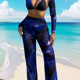 Swim Conjunto de bikini sexy para mujer con estampado de tie dye y cuello halter para vacaciones en la playa, incluye una camisa y pantalones a juego para cubrirse