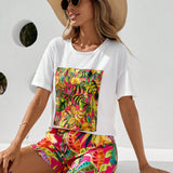 VCAY Conjunto de blusa y shorts de manga corta holgada para mujer con estampado de plantas para vacaciones