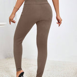 Prive Pantalones largos casuales de cintura alta y ajuste delgado para mujer con botones de doble botonadura y unicolor