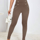 Prive Pantalones largos casuales de cintura alta y ajuste delgado para mujer con botones de doble botonadura y unicolor
