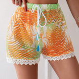 Swim Cubierta de verano hueca con estampado de hojas para playa de mujer y pantalones cortos a juego