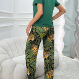 Conjunto de pijama para mujeres con estampado de plantas y decoracion de lazo