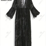 Vestido de playa de encaje semi-translucido negro tipo tunica con abertura frontal para cubrir la ropa de bano