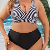 Swim Chicsea Conjunto de bikini de talla grande para mujer con rayas cruzadas en la espalda desnuda y nudos para playa/verano