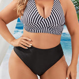 Swim Chicsea Conjunto de bikini de talla grande para mujer con rayas cruzadas en la espalda desnuda y nudos para playa/verano