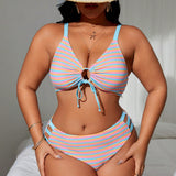 Swim Curve Conjunto de trajes de bano de talla grande con rayas, sujetador delgado de tirantes espagueti y bikini de fondo para vacaciones de playa de verano