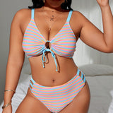 Swim Curve Conjunto de trajes de bano de talla grande con rayas, sujetador delgado de tirantes espagueti y bikini de fondo para vacaciones de playa de verano