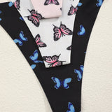 NEW 3 piezas de ropa interior tipo tanga elastica sin costuras con estampado de mariposas, cintura baja y cordon delgado para mujeres