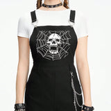 ROMWE Goth Enterizo de mujer con cadena cruzada de metal en el bolsillo y estampado de calaveras y telaranas