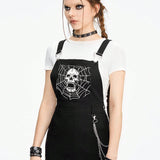 ROMWE Goth Enterizo de mujer con cadena cruzada de metal en el bolsillo y estampado de calaveras y telaranas