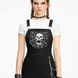 ROMWE Goth Enterizo de mujer con cadena cruzada de metal en el bolsillo y estampado de calaveras y telaranas