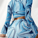 Bikinx Conjunto de bikini de marmol impreso con parte superior de manga larga transparente y lazo delantero y falda para mujer