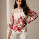 Anewsta Camisa para mujeres con diseno exquisito de bordado de flores y decoracion de cuentas, cuello transparente de manga larga