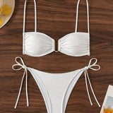 Swim Conjunto de bikini de mujer con parte superior estilo Halter en unicolor y Bottom tipo tanga, traje de bano sexy para vacaciones en la playa