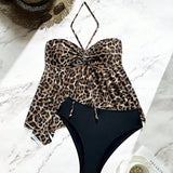 Swim Vcay Conjunto de traje de bano de dos piezas para vacaciones en la playa con top halter con diseno de leopardo y Bottom de triangulo de unicolor