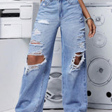 EZwear Jeans largos informales y de moda para mujer con diseno desgastado y ajuste ancho