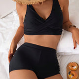 NEW  Swim Conjunto de bikini casual para mujer con frente cruzado y unicolor, con pantalones cortos tipo boxeador, perfecto para vacaciones y tiempo libre