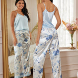 Anis Illustration Conjunto de pijamas de seda para mujer con estampado floral de bloques de color para vacaciones