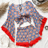 WYWH Conjunto de dos piezas para mujer ideal para festivales de musica de vacaciones con top de tiras en el pecho y falda envolvente impresa con diseno geometrico en forma de A