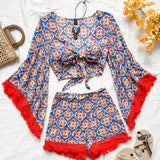 WYWH Conjunto de dos piezas para mujer ideal para festivales de musica de vacaciones con top de tiras en el pecho y falda envolvente impresa con diseno geometrico en forma de A